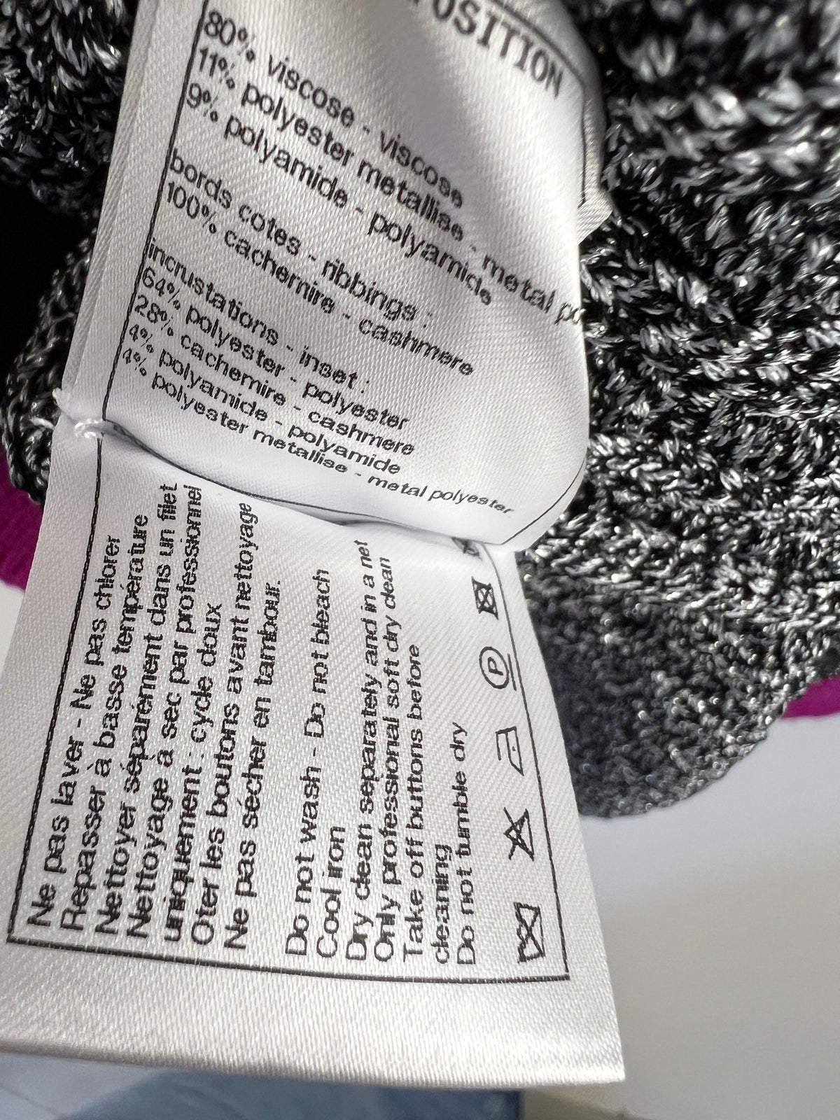 Chanel Metallic Thread Black, White Tweed igan with Purple Trim, Sequin Embellished and Crystal Button Detail Size FR 34 (UK 6)