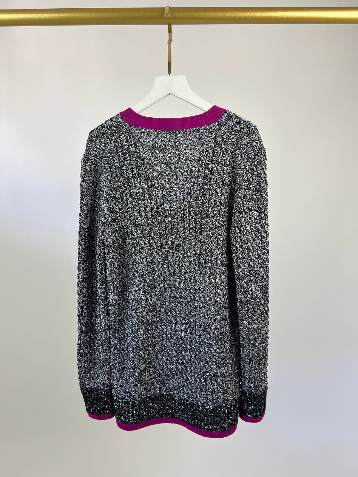 Chanel Metallic Thread Black, White Tweed igan with Purple Trim, Sequin Embellished and Crystal Button Detail Size FR 34 (UK 6)