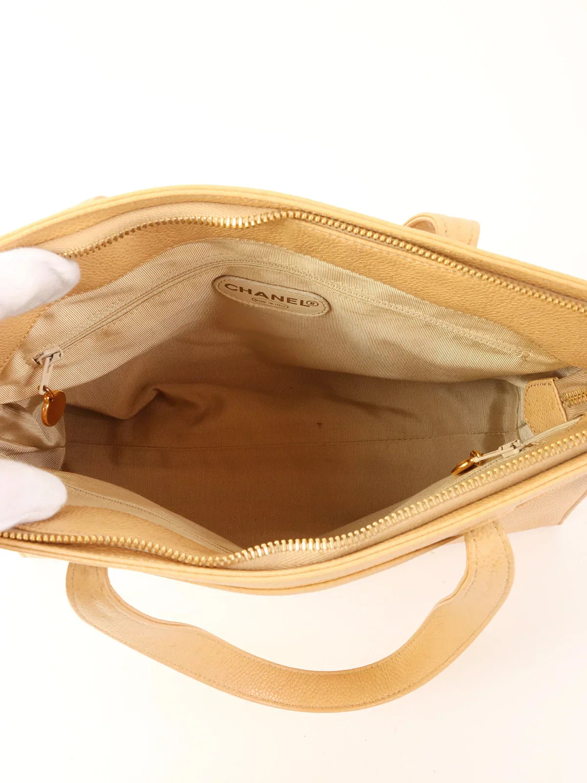 CHANEL Around 1998 Made Caviar Skin Logo Embroidered Tote Bag Beige