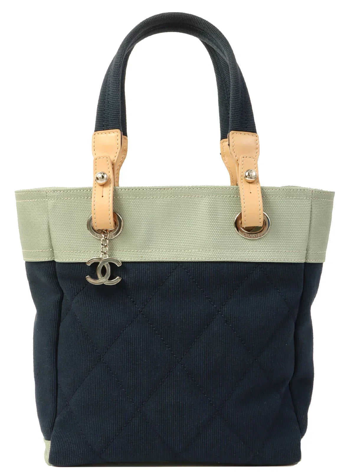 CHANEL Around 2009 Made Paris Biarritz Tote Bag Pm Navy/Sage Green/Beige