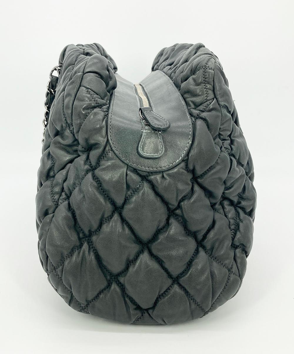 CHANEL Dark Gray Quilted Puffy Leather Shoulder Bag Tote