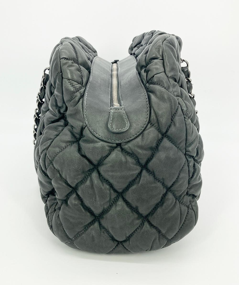 CHANEL Dark Gray Quilted Puffy Leather Shoulder Bag Tote