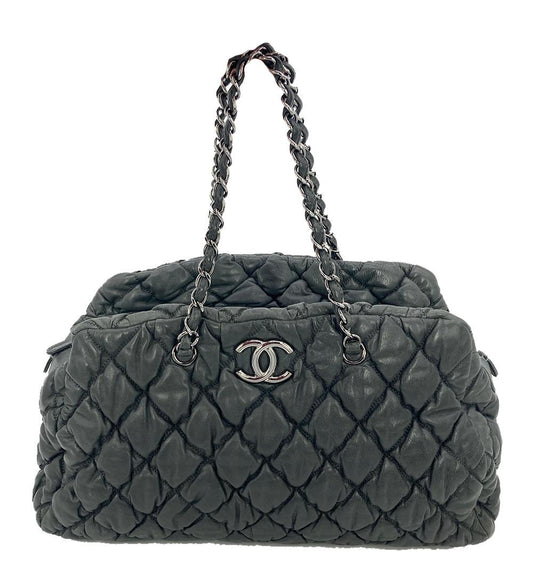 CHANEL Dark Gray Quilted Puffy Leather Shoulder Bag Tote