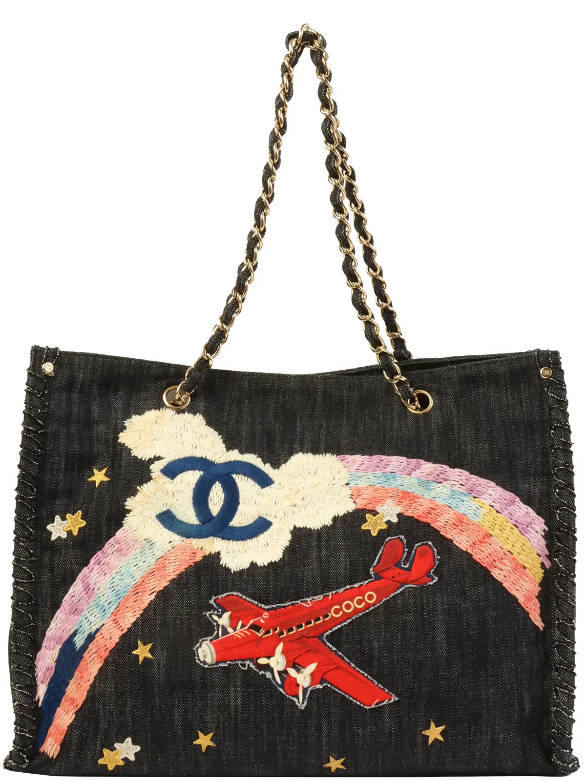 CHANEL Around 2005 Made Denim Airplane Cc Mark Embroidered Chain Tote Bag Indigo