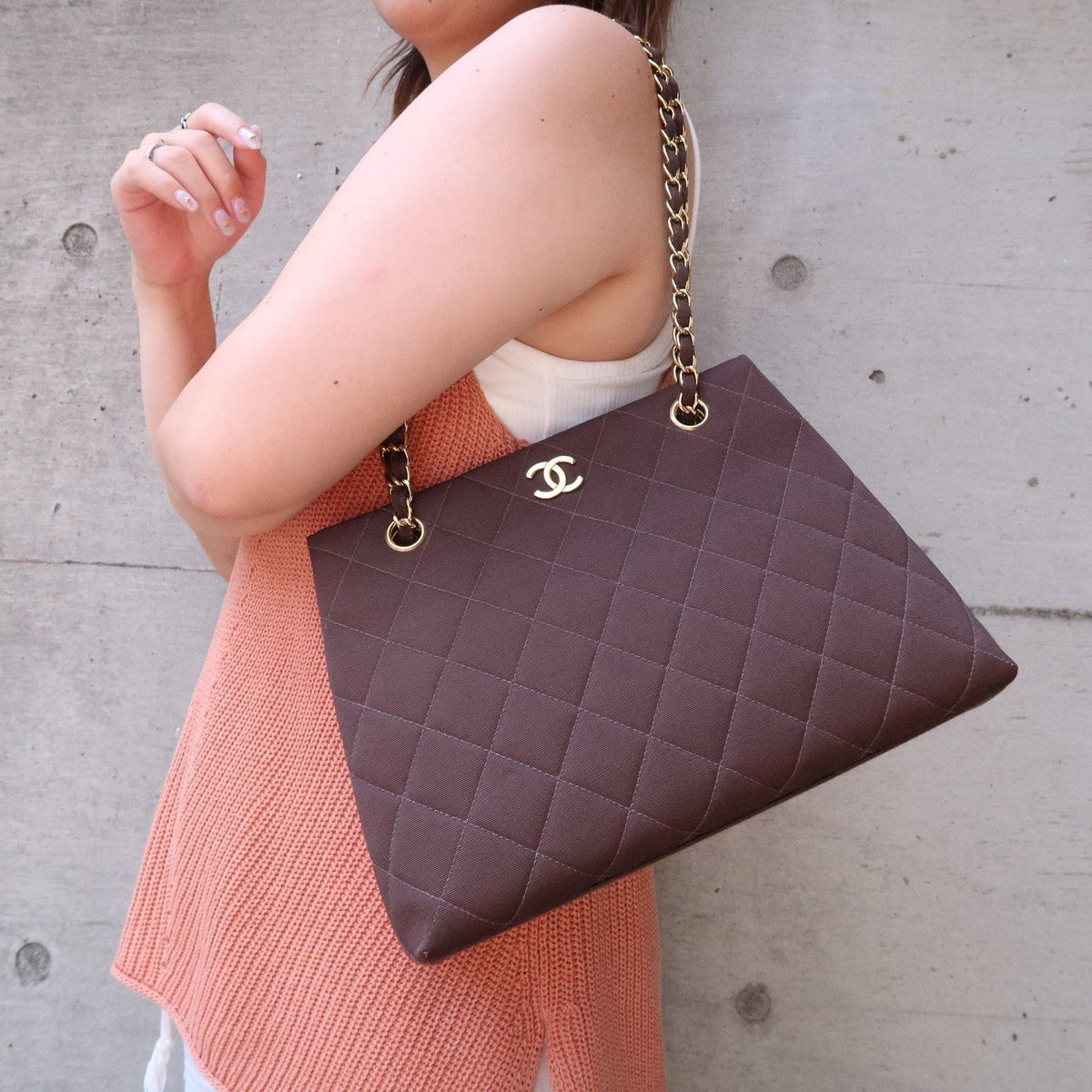 Chanel Matelasse Nylon Canvas Chain Shoulder Bag Brown