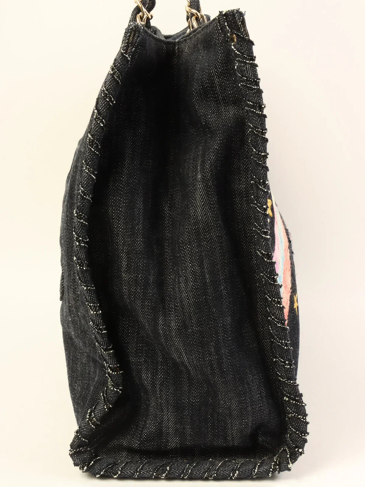 CHANEL Around 2005 Made Denim Airplane Cc Mark Embroidered Chain Tote Bag Indigo