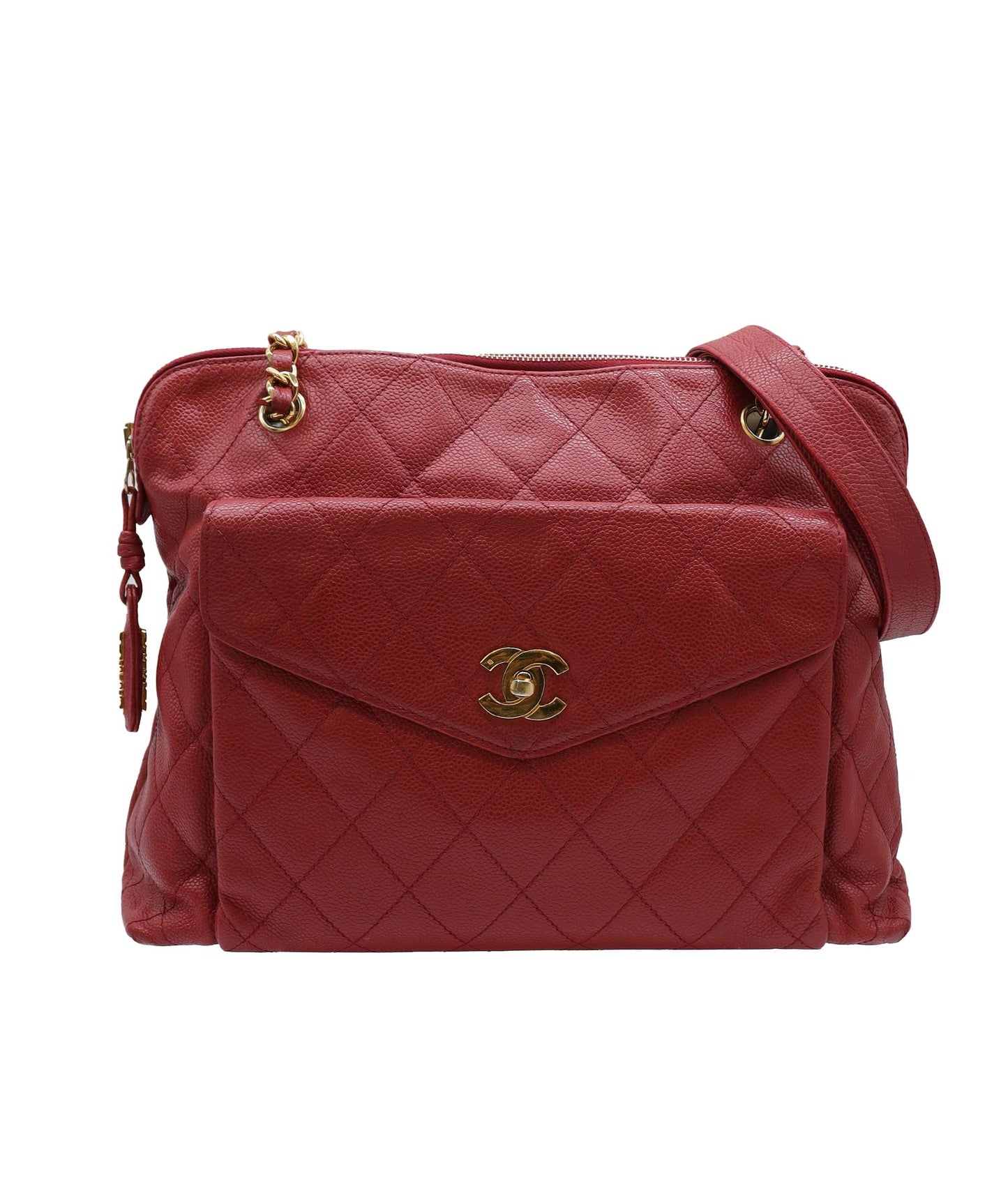 Chanel Vintage Envelope Turnlock Zip Tote Red Caviar GHW #4 SKC1995