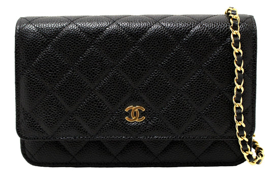 NEW Chanel Black Quilted Caviar Leather Wallet On Chain WOC Messenger Bag