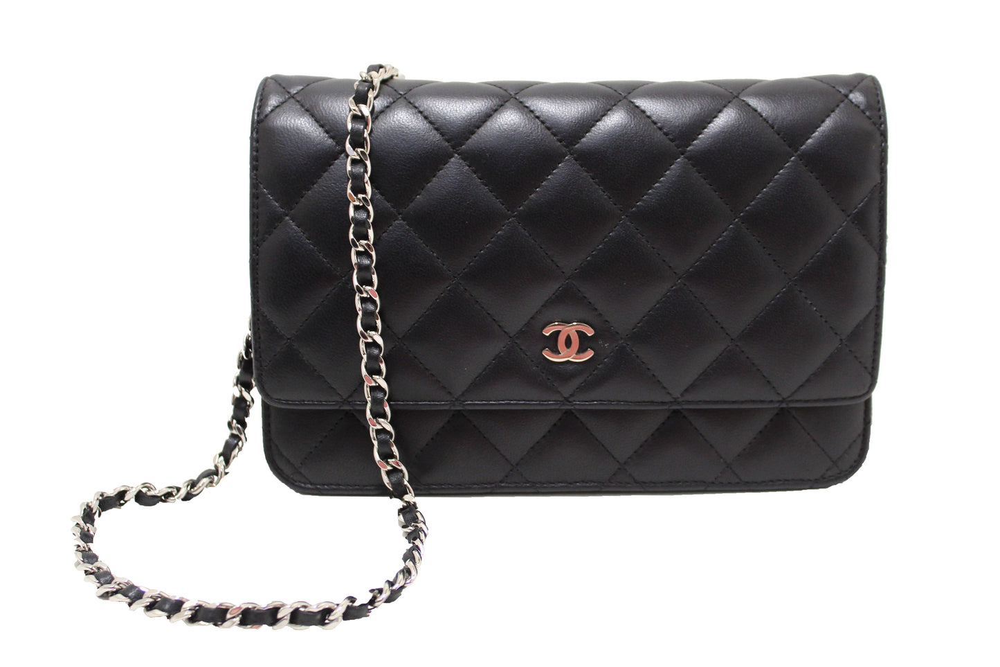 Chanel Black Quilted Lambskin Leather Wallet On Chain WOC Messenger Bag