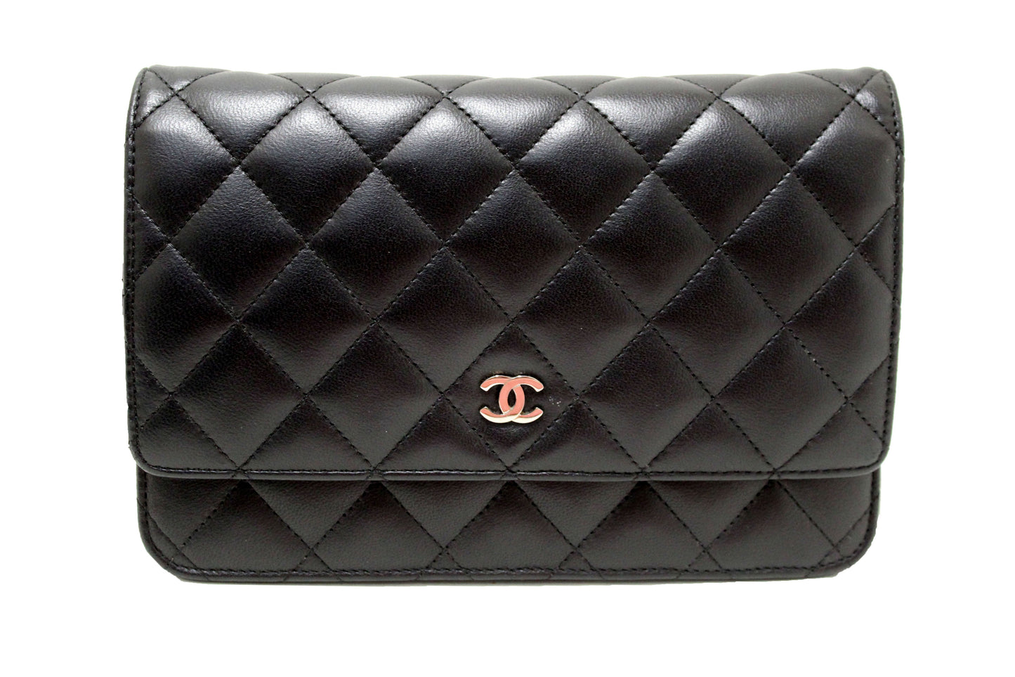 Chanel Black Quilted Lambskin Leather Wallet On Chain WOC Messenger Bag