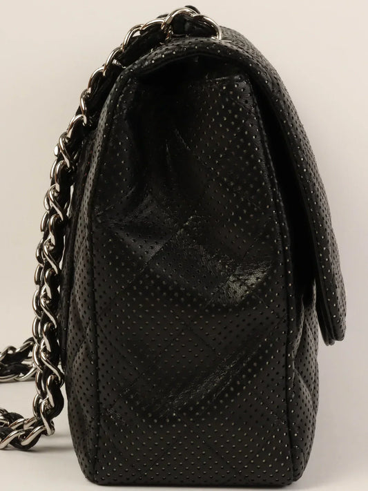 CHANEL Around 2007 Punching Leather Turn-Lock Chain Shoulder Bag Black
