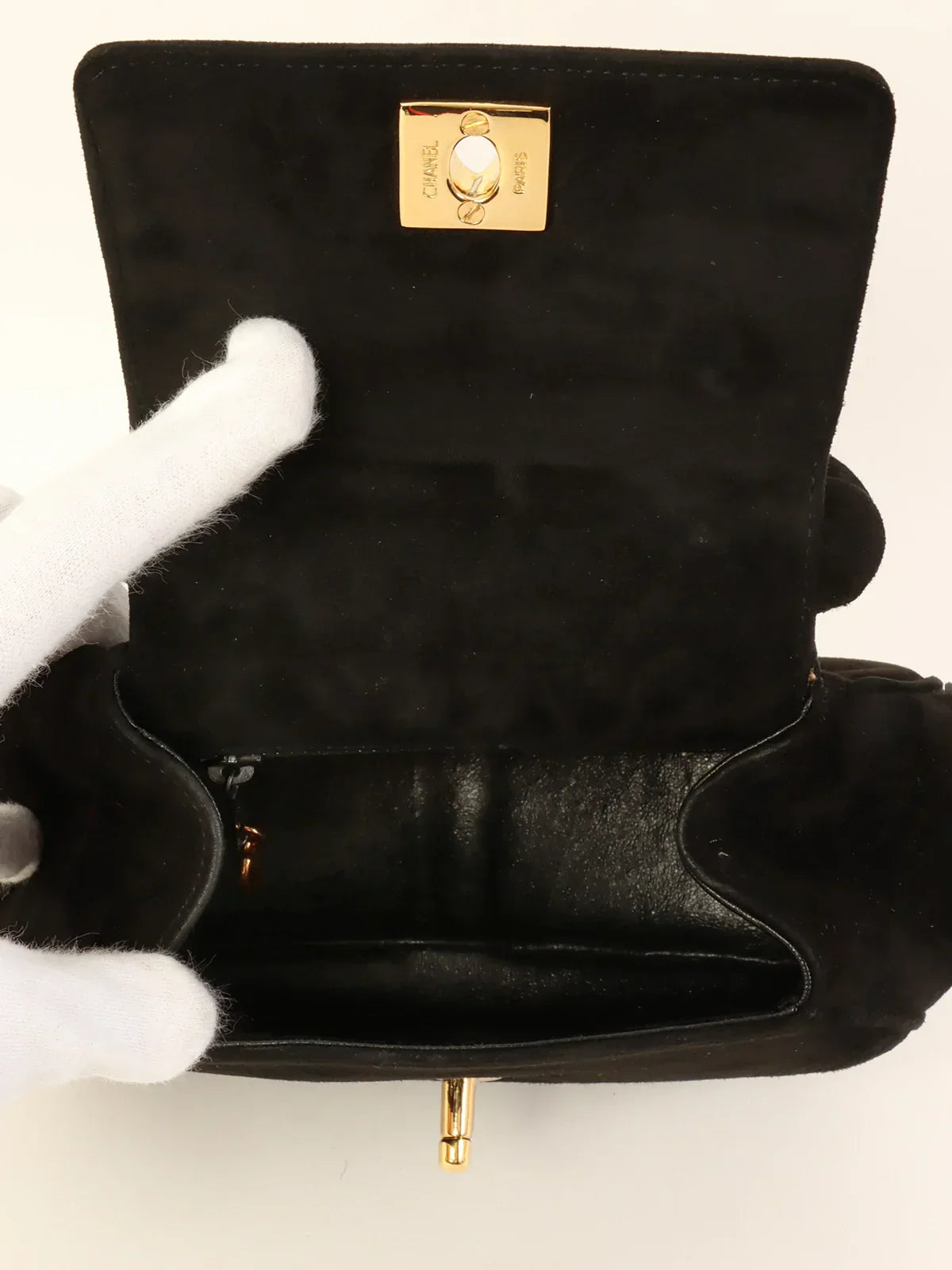 CHANEL Around 1997 Made Suede Turn-Lock Twist Handle Bag Black