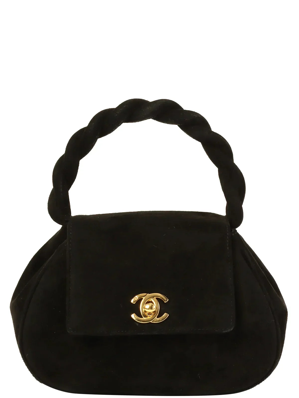 CHANEL Around 1997 Made Suede Turn-Lock Twist Handle Bag Black