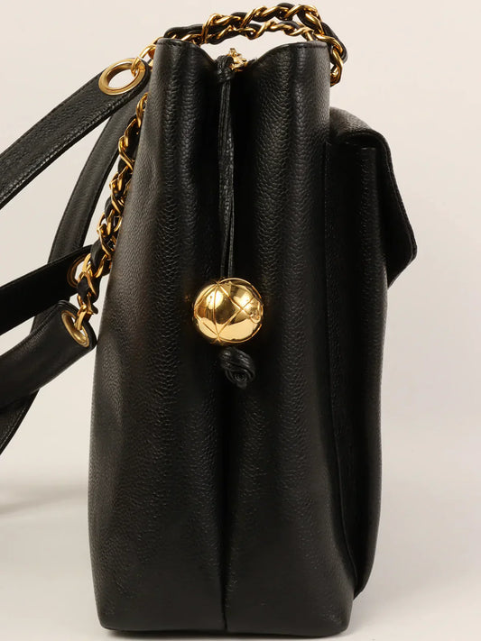 CHANEL Around 1995 Made Caviar Skin Matelasse Plate Chain Tote Bag Black