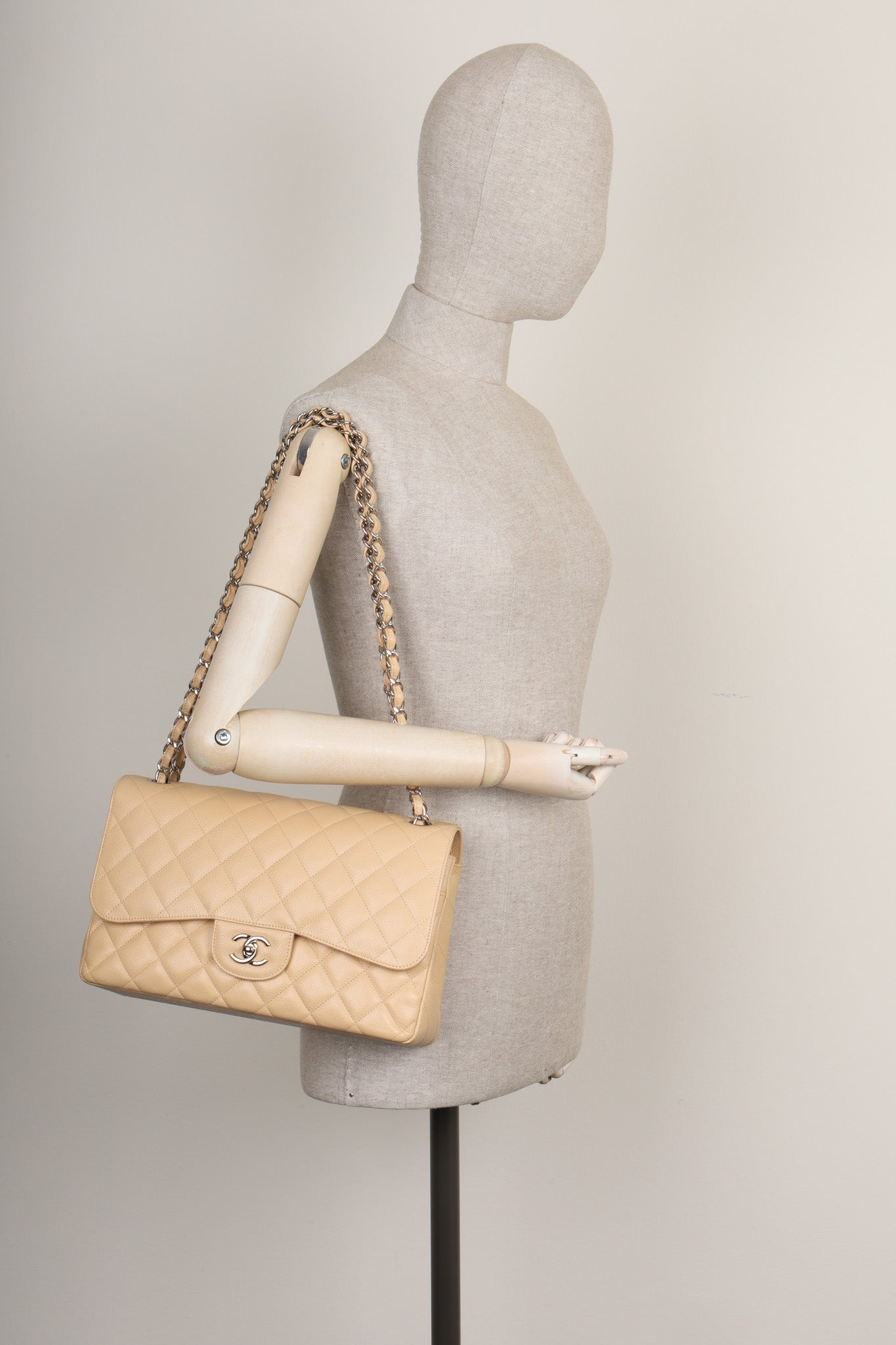 CHANEL Double Flap Bag Large Caviar Beige