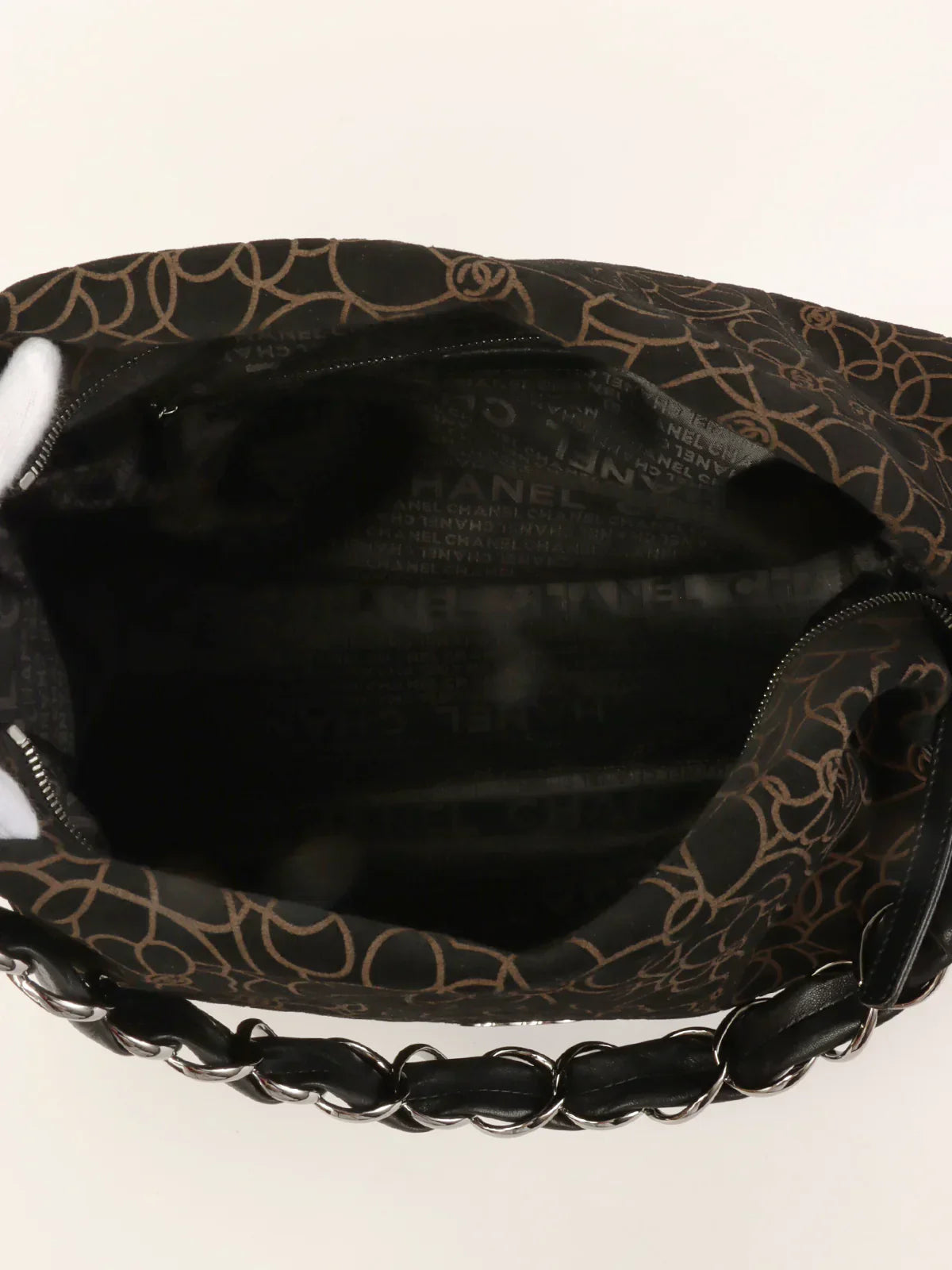CHANEL Around 2004 Made Suede Camellia Pattern Cc Mark Plate Chain Shoulder Bag Black
