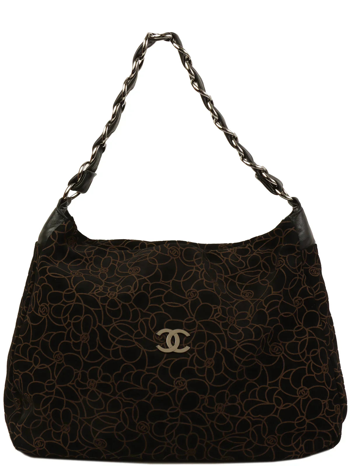 CHANEL Around 2004 Made Suede Camellia Pattern Cc Mark Plate Chain Shoulder Bag Black