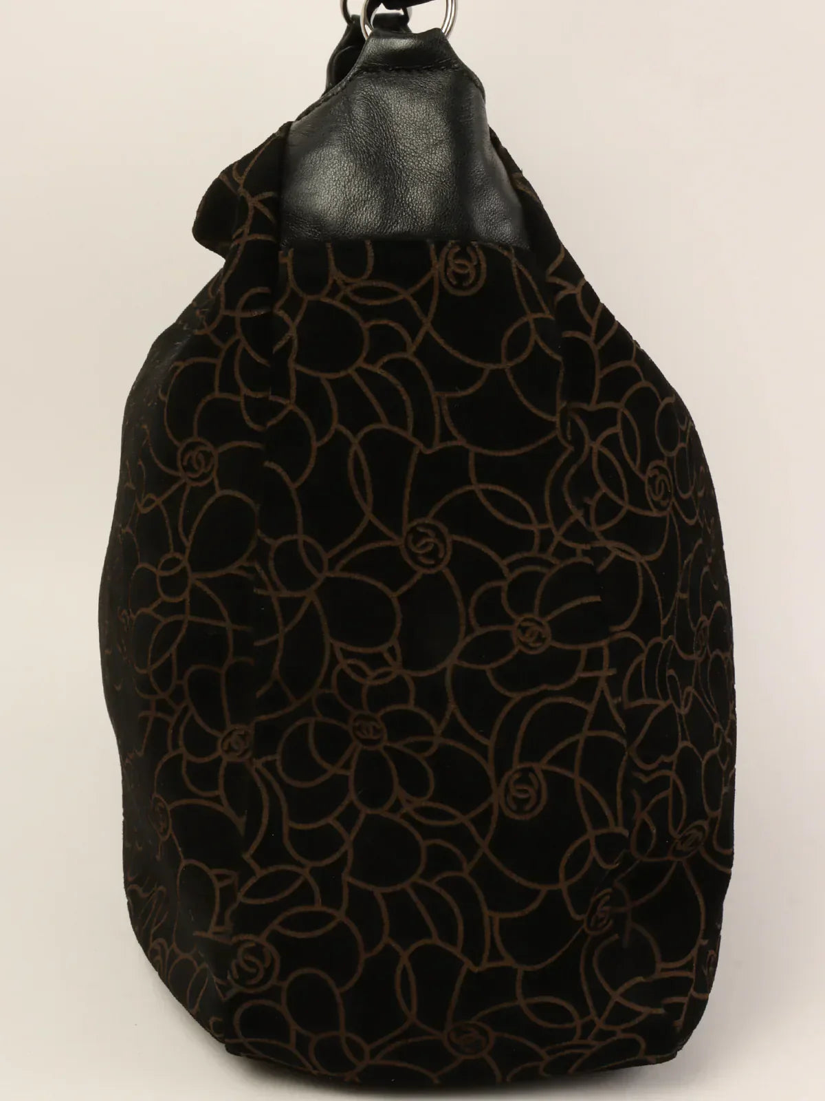CHANEL Around 2004 Made Suede Camellia Pattern Cc Mark Plate Chain Shoulder Bag Black