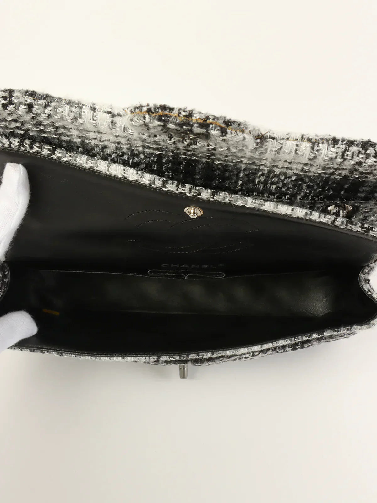 CHANEL Around 2009 Made Tweed Classic Flap Chain Bag 25Cm Black/White/Grey