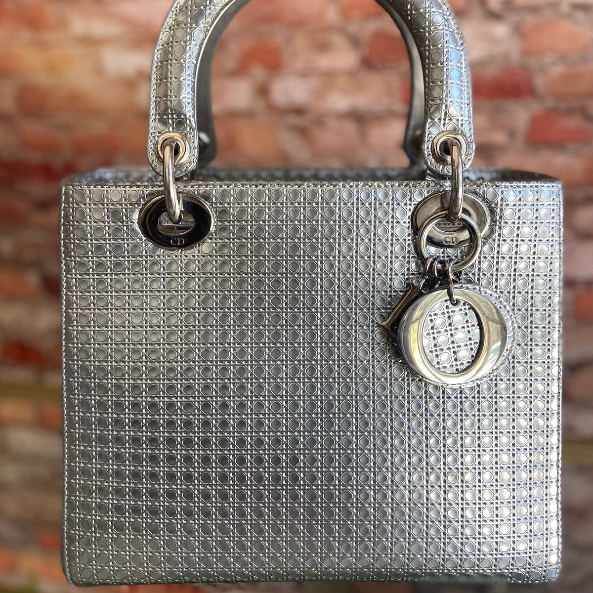 Dior Lady Dior Leather 2WAY Hand/ Shoulder Bag Silver
