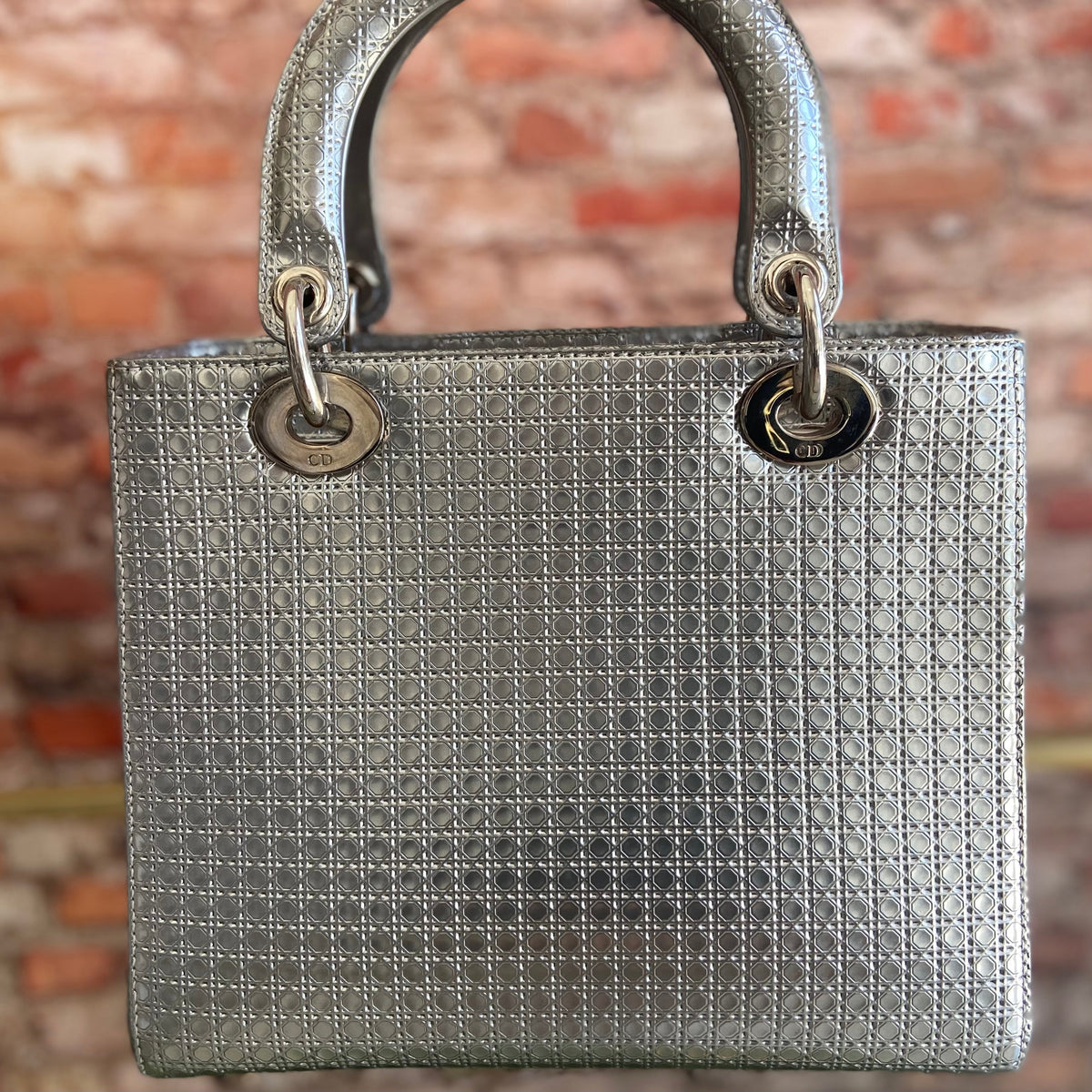 Dior Lady Dior Leather 2WAY Hand/ Shoulder Bag Silver