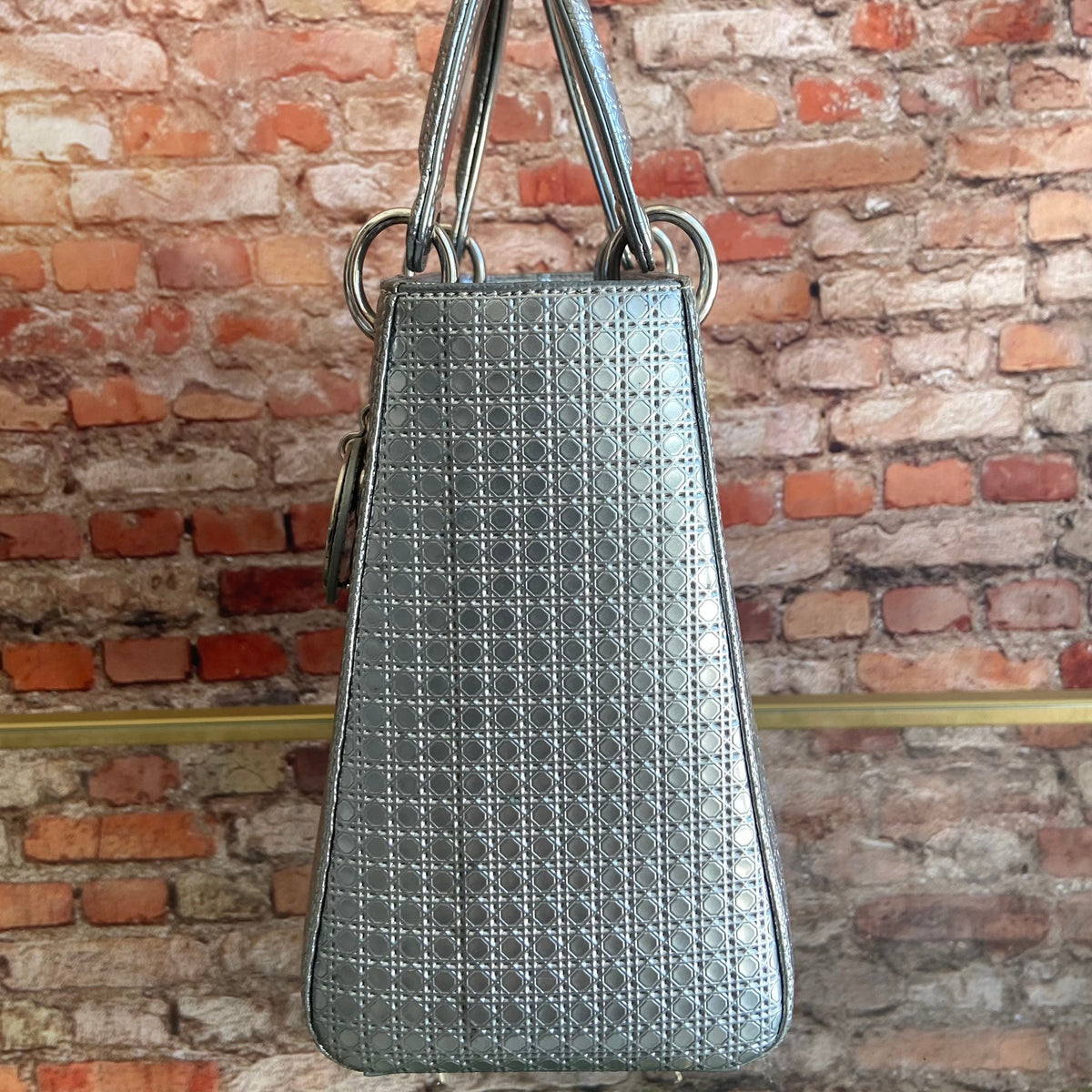 Dior Lady Dior Leather 2WAY Hand/ Shoulder Bag Silver