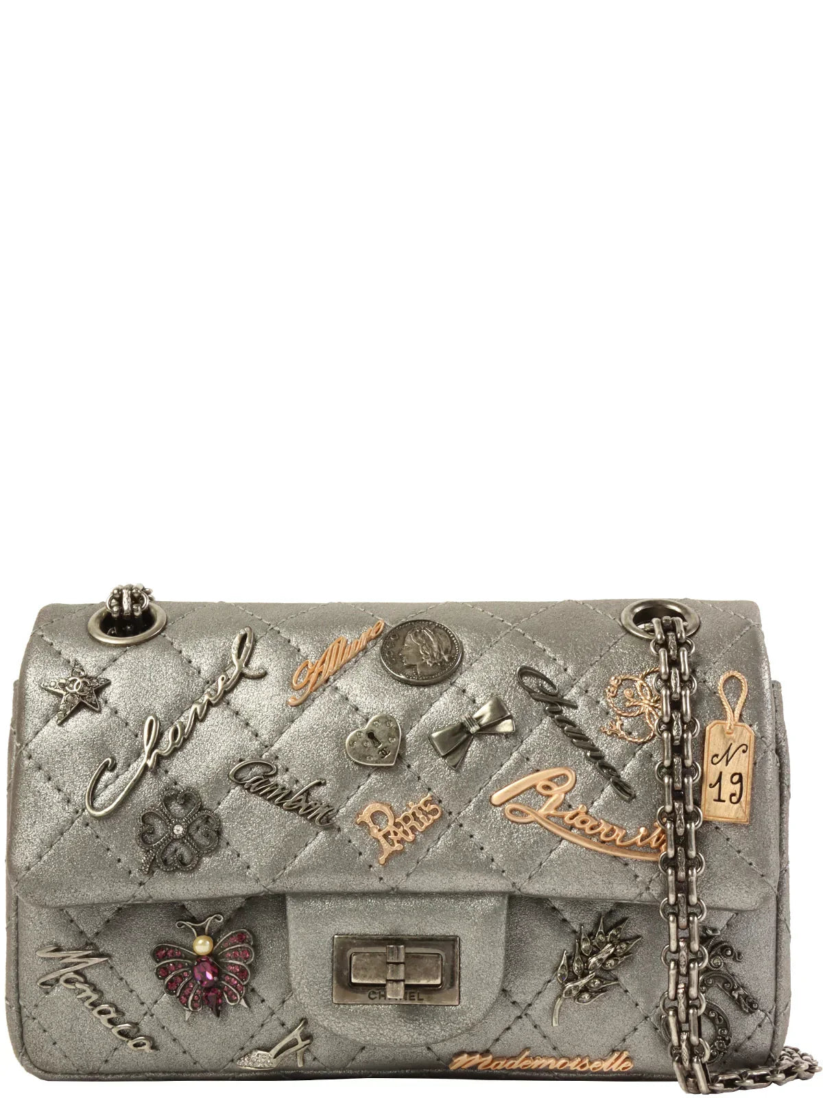 CHANEL Around 2007 Made 2.55 Icon Charm Chain Bag Mini Metallic Silver