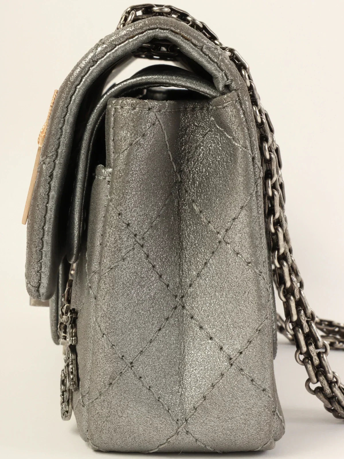 CHANEL Around 2007 Made 2.55 Icon Charm Chain Bag Mini Metallic Silver
