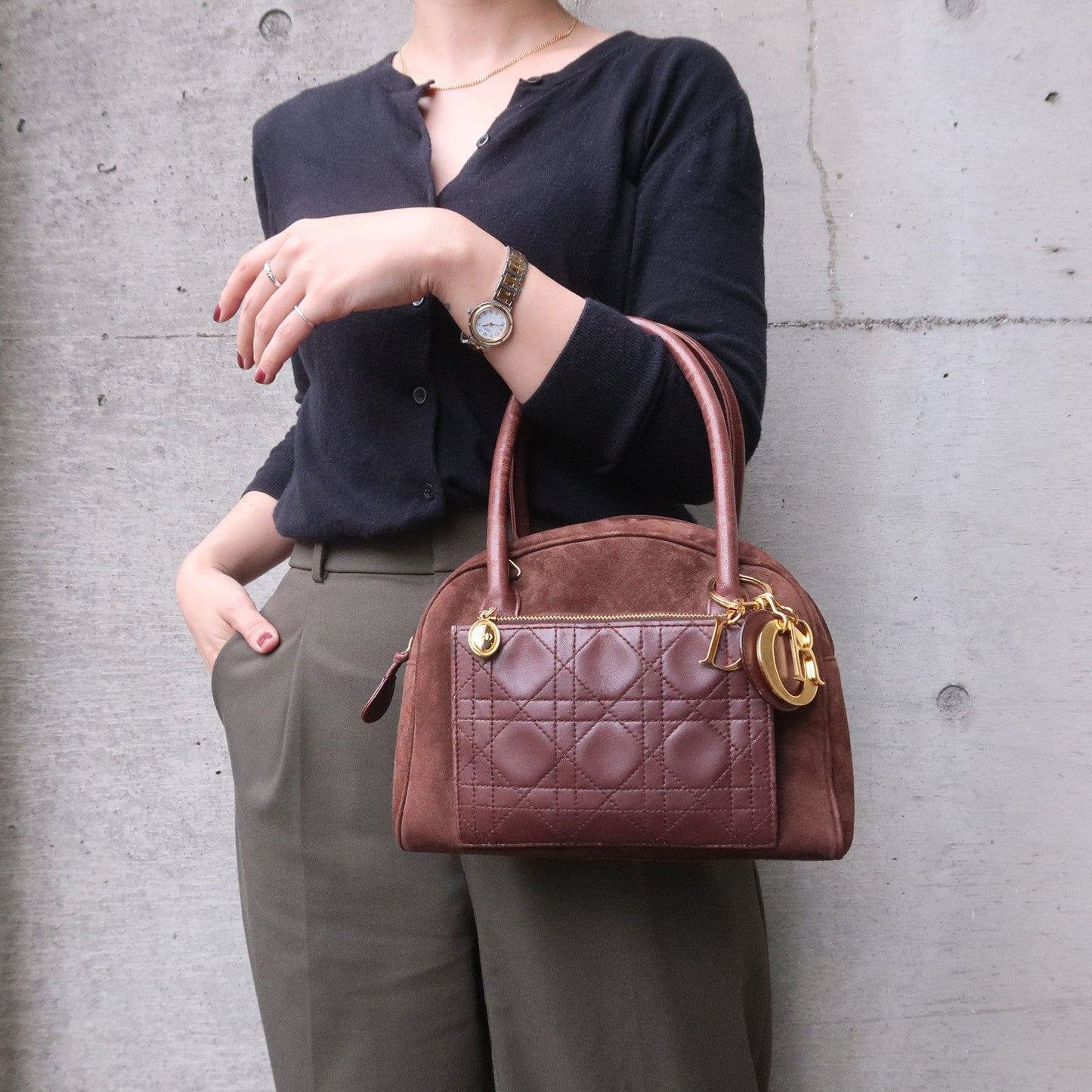 Christian Dior Cannage Suede Leather Hand Bag Brown