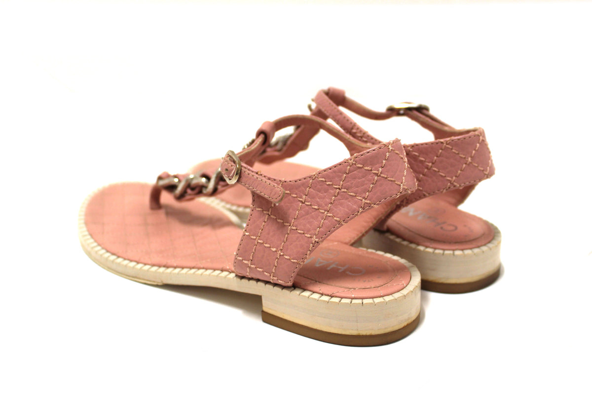 Chanel Pink Quilted Leather Chain Link Thong Flat Sandals Size