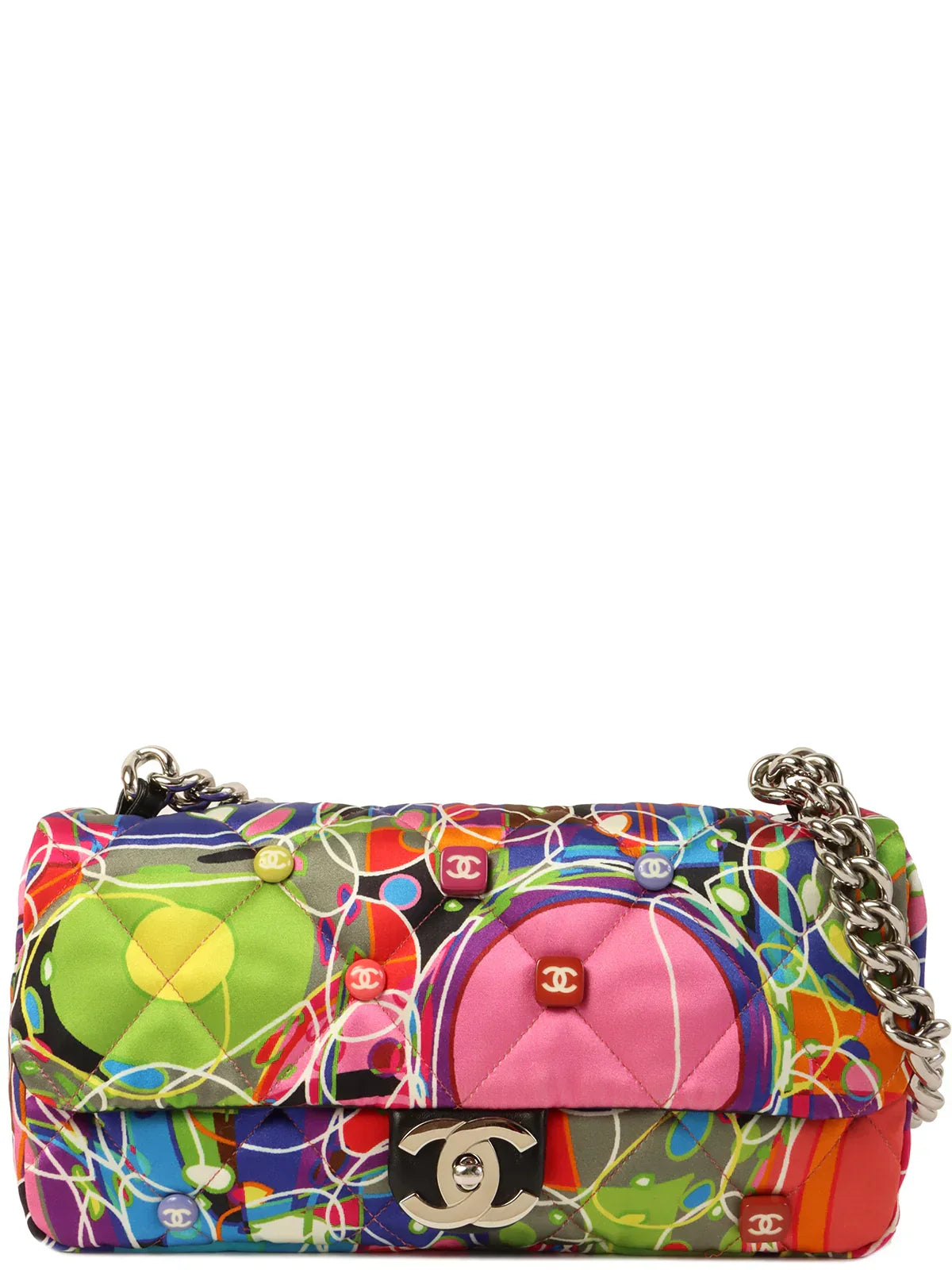 CHANEL Around 2007 Made Silk Satin Turn-Lock Chain Bag Multi