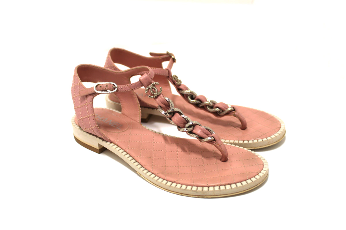 Chanel Pink Quilted Leather Chain Link Thong Flat Sandals Size
