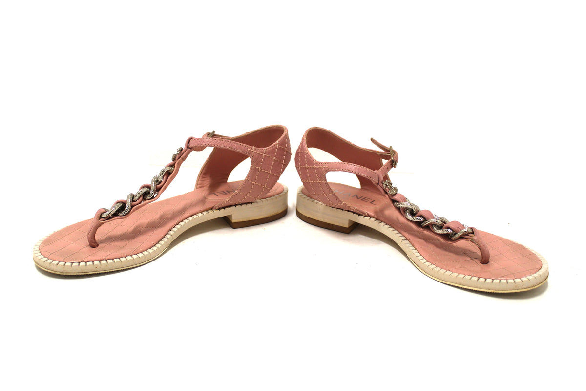 Chanel Pink Quilted Leather Chain Link Thong Flat Sandals Size