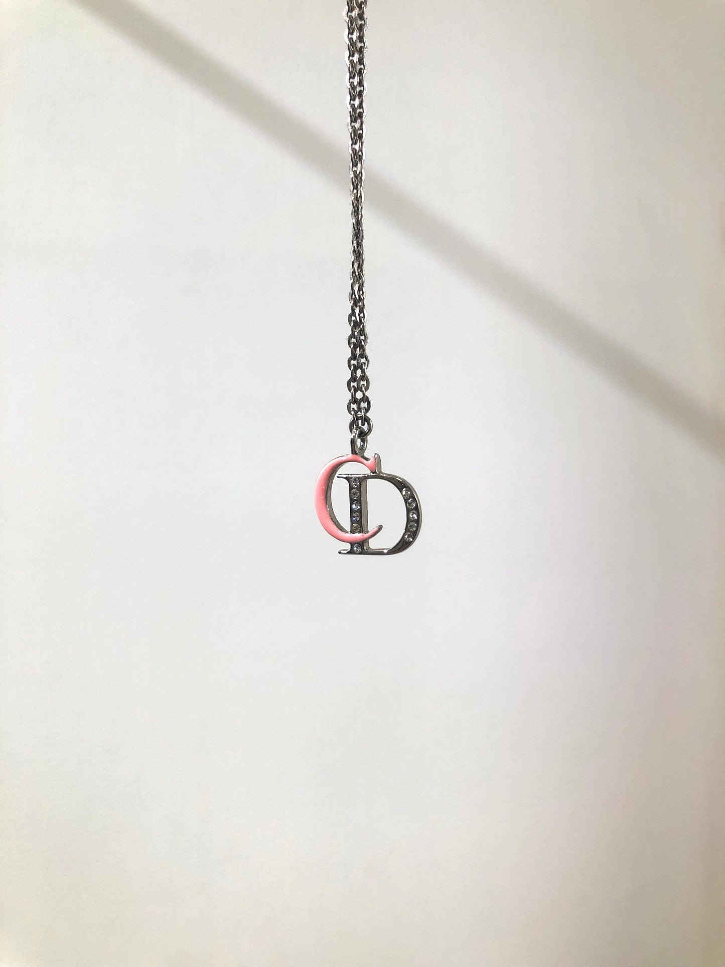 Christian Dior CD Logo Necklace Pink Silver Vintage Old nya2c5