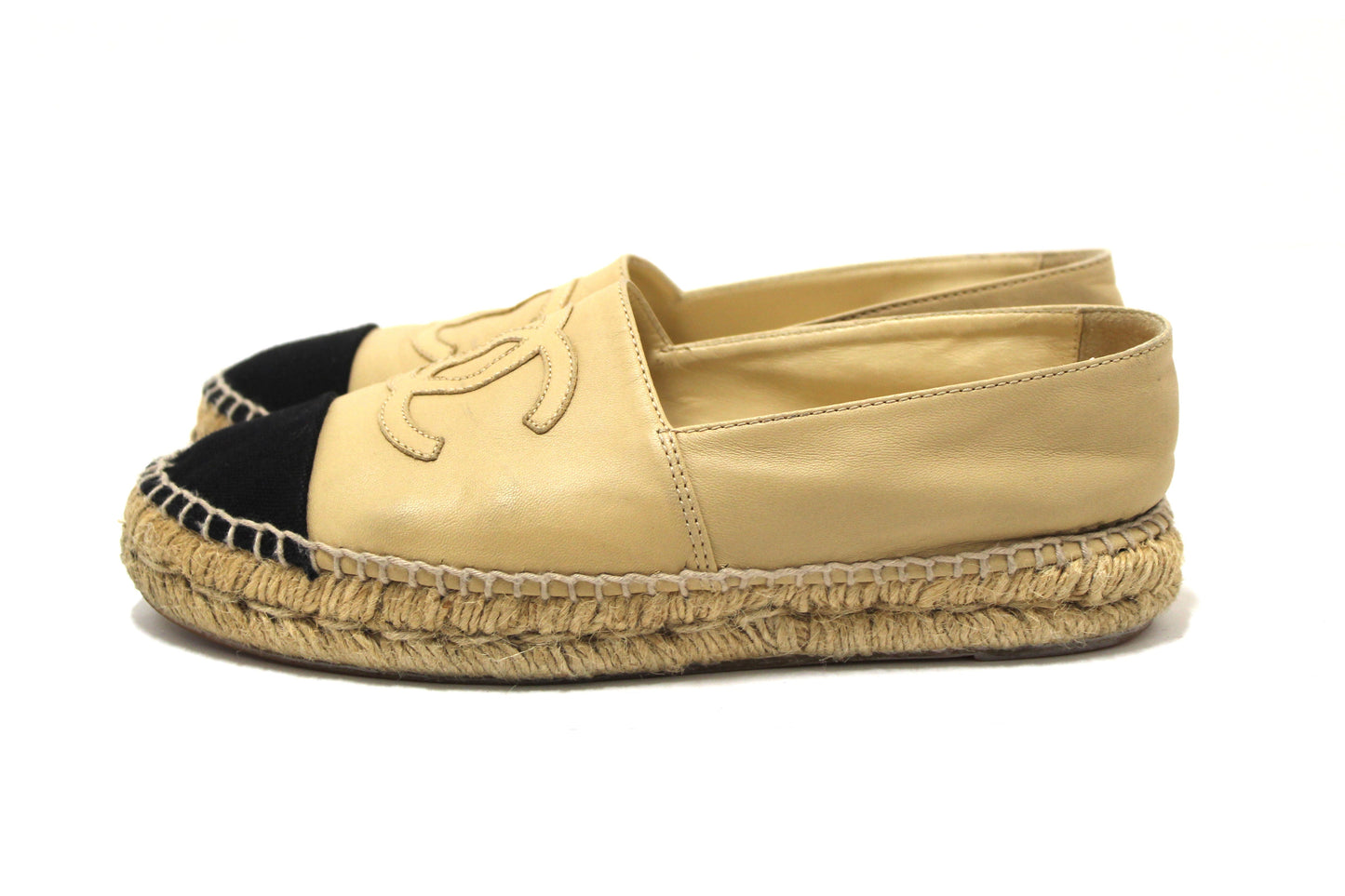 Chanel Beige/Black Lambskin Leather Espadrilles Shoes Size 37.5 | Italystation.com