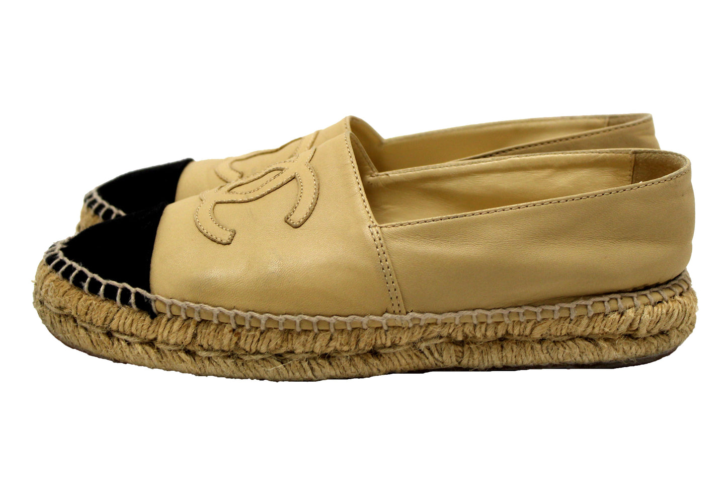 Chanel Beige/Black Lambskin Leather Espadrilles Shoes Size .