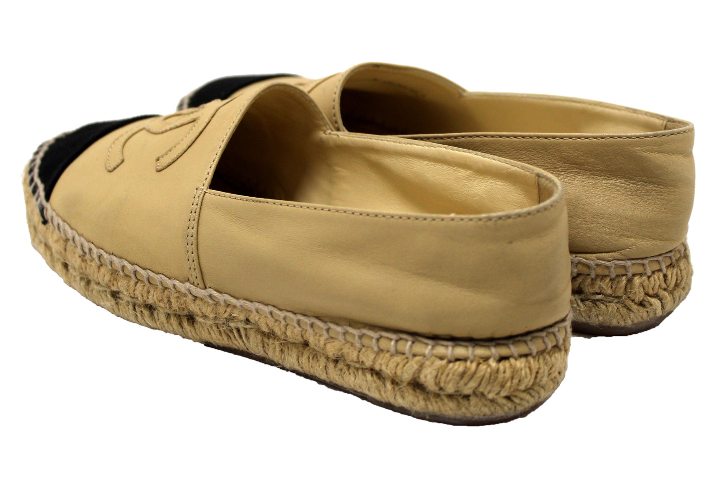 Chanel Beige/Black Lambskin Leather Espadrilles Shoes Size .