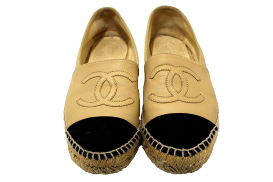Chanel Beige/Black Lambskin Leather Espadrilles Shoes Size .