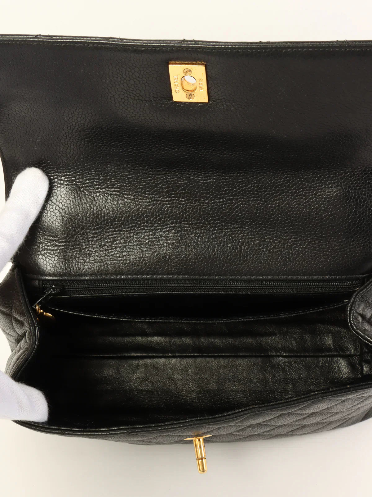 CHANEL Around 1997 Made Caviar Skin Turn-Lock Top Handle Bag Black