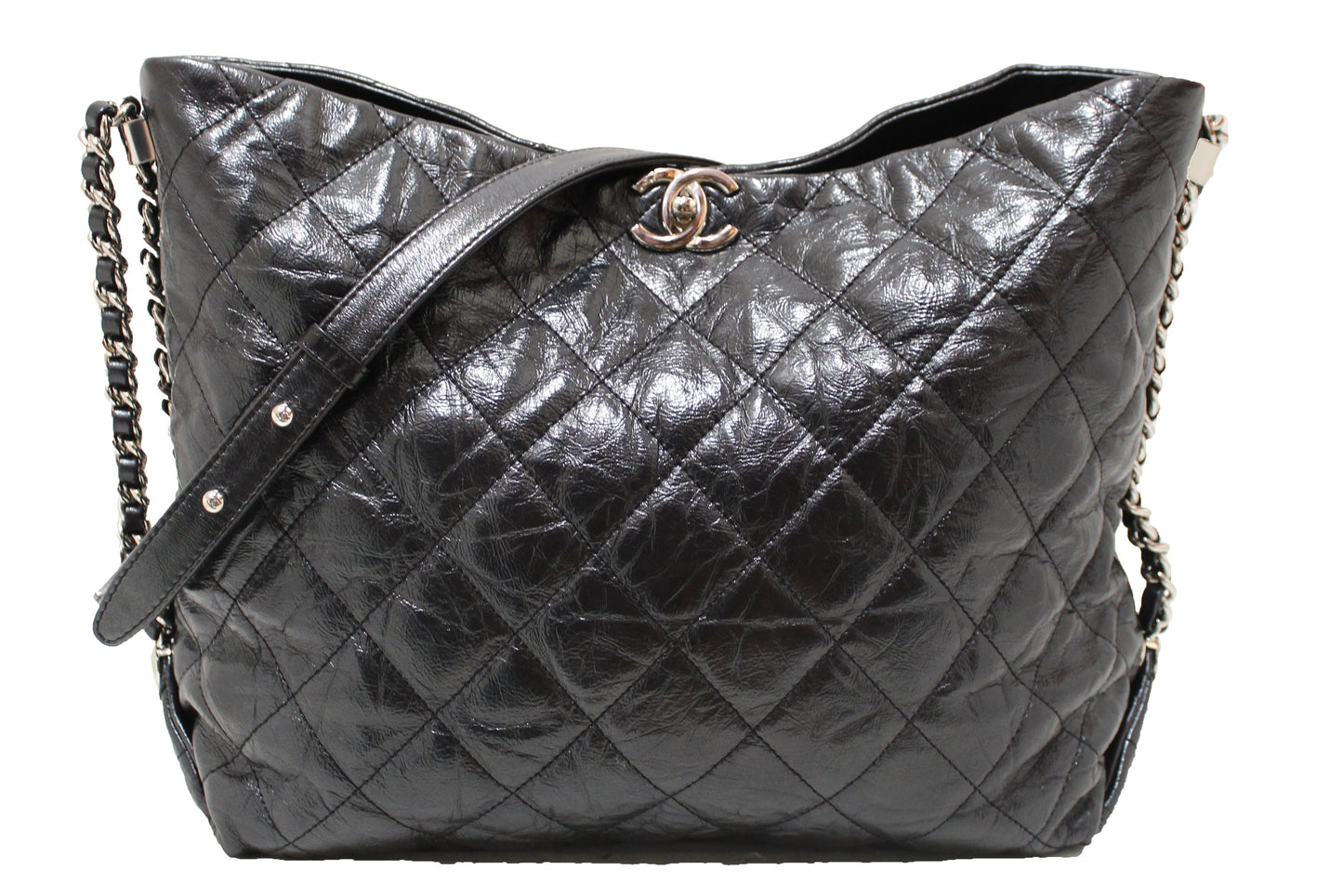 Chanel Grey Metallic Lambskin Quilted Leather Hobo Shoulder Bag