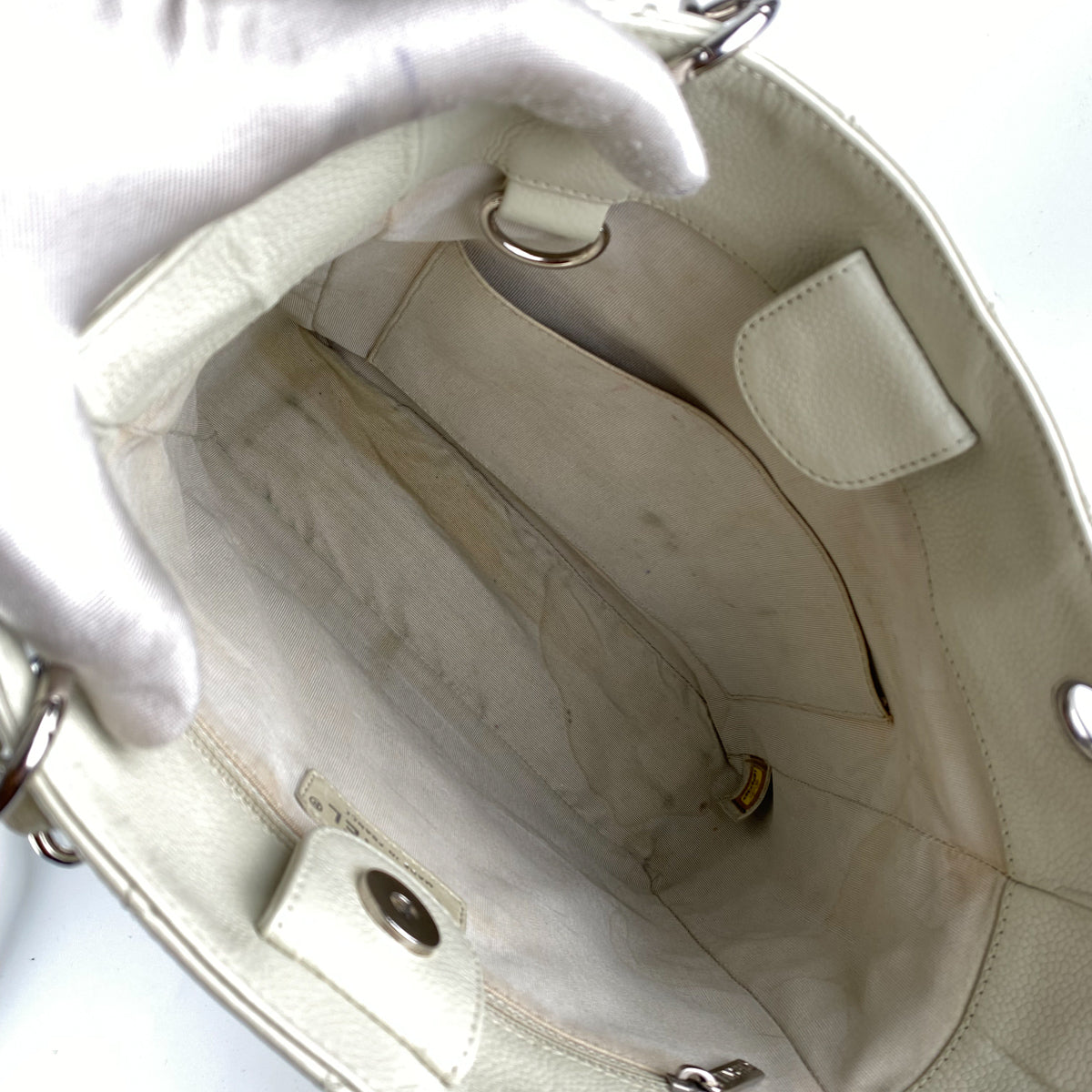 Chanel Quilted Caviar Petite Shopping Tote Cream (Olive undertone)