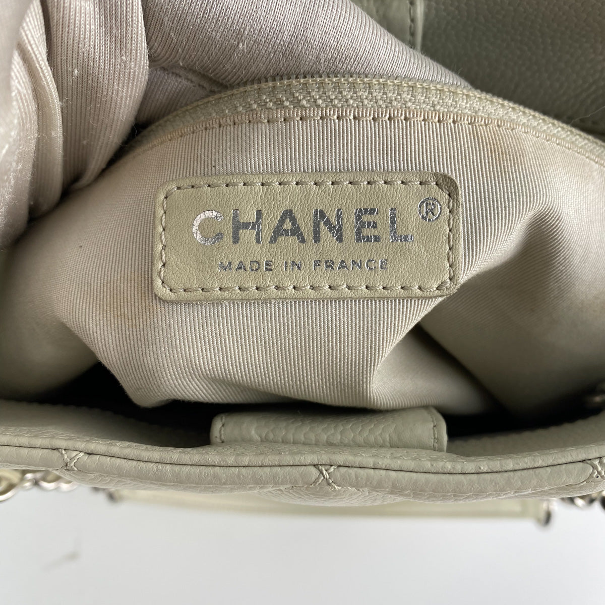 Chanel Quilted Caviar Petite Shopping Tote Cream (Olive undertone)