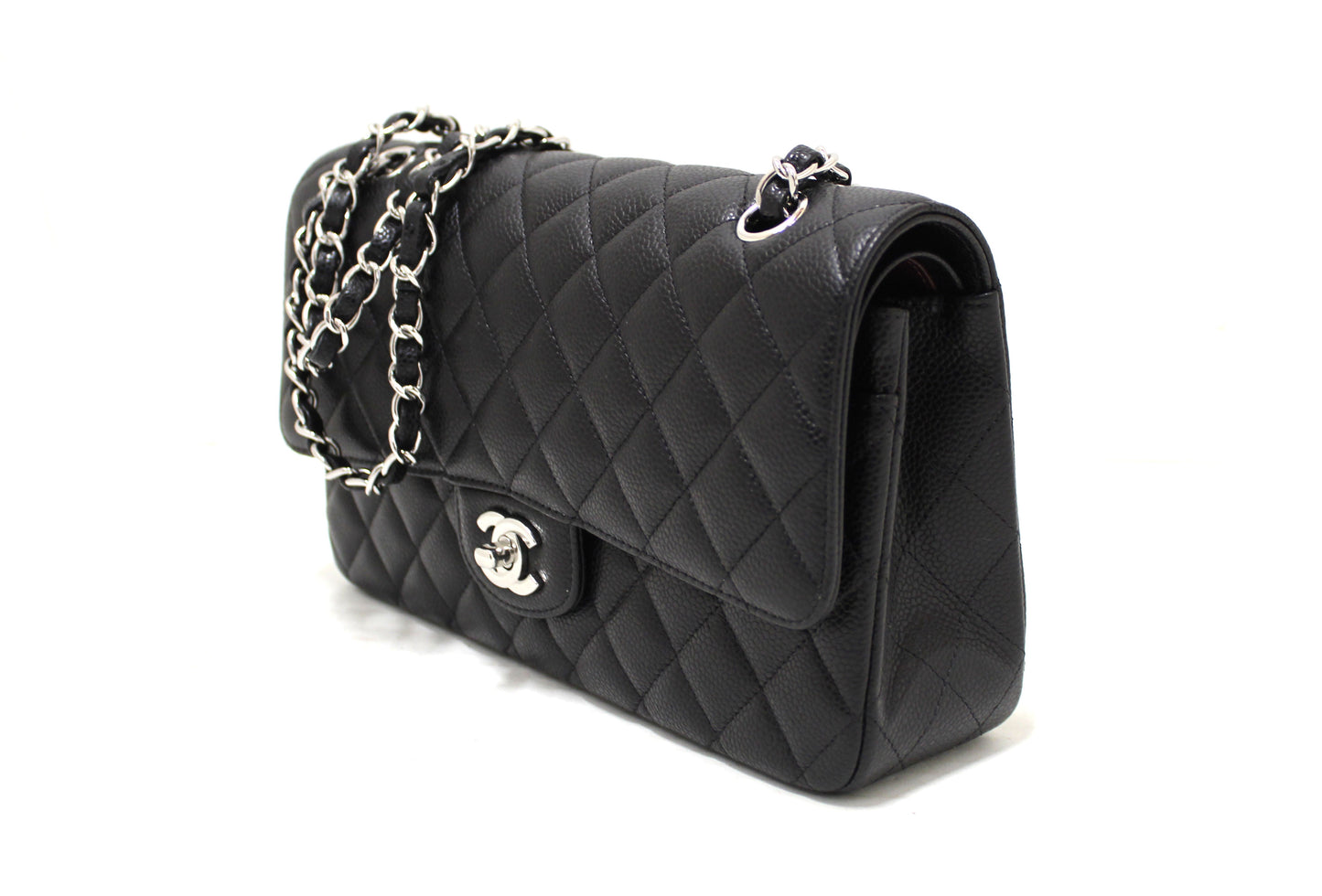 Chanel Classic Black Quilted Caviar Leather Classic Medium Double Flap Bag