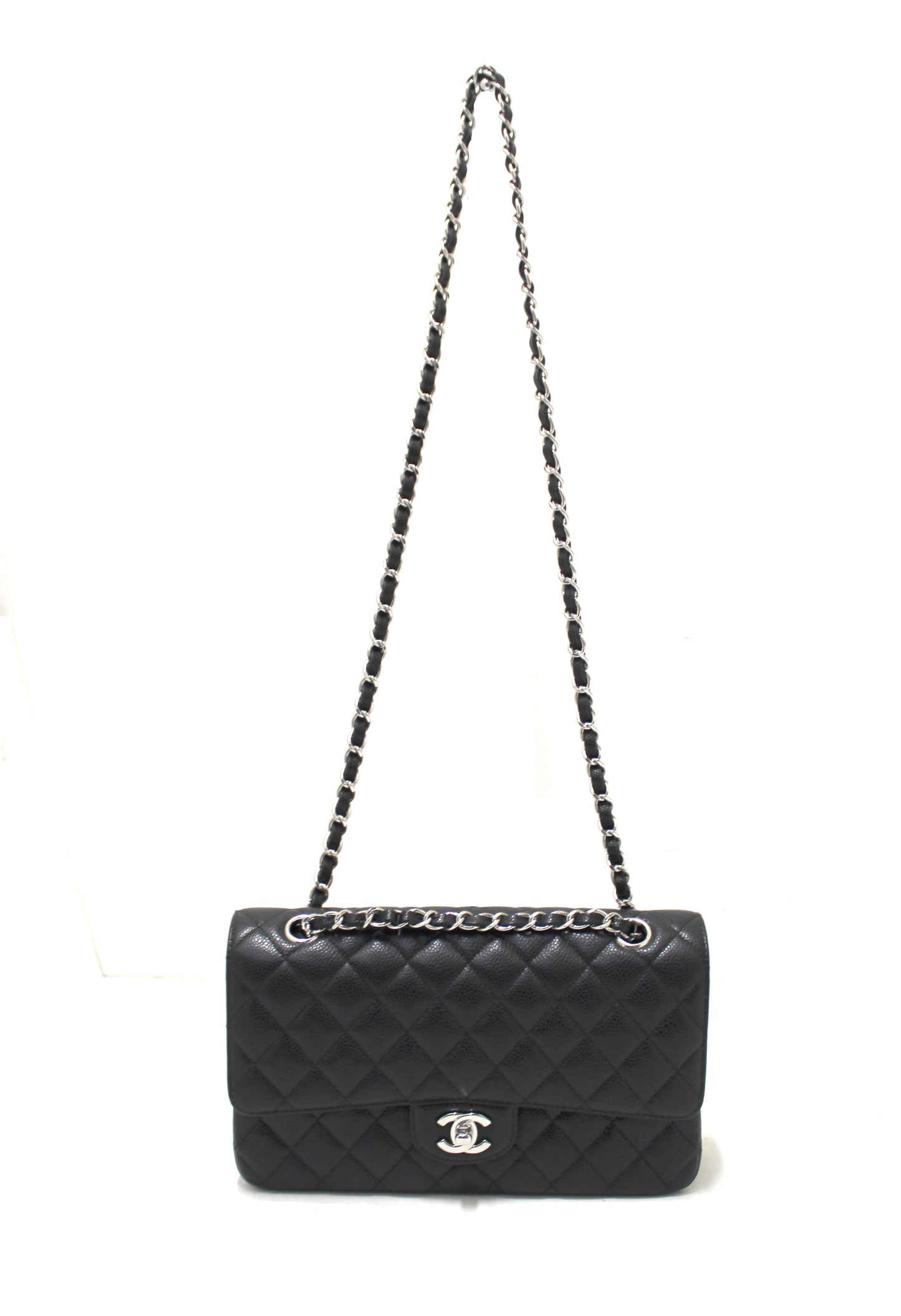 Chanel Classic Black Quilted Caviar Leather Classic Medium Double Flap Bag