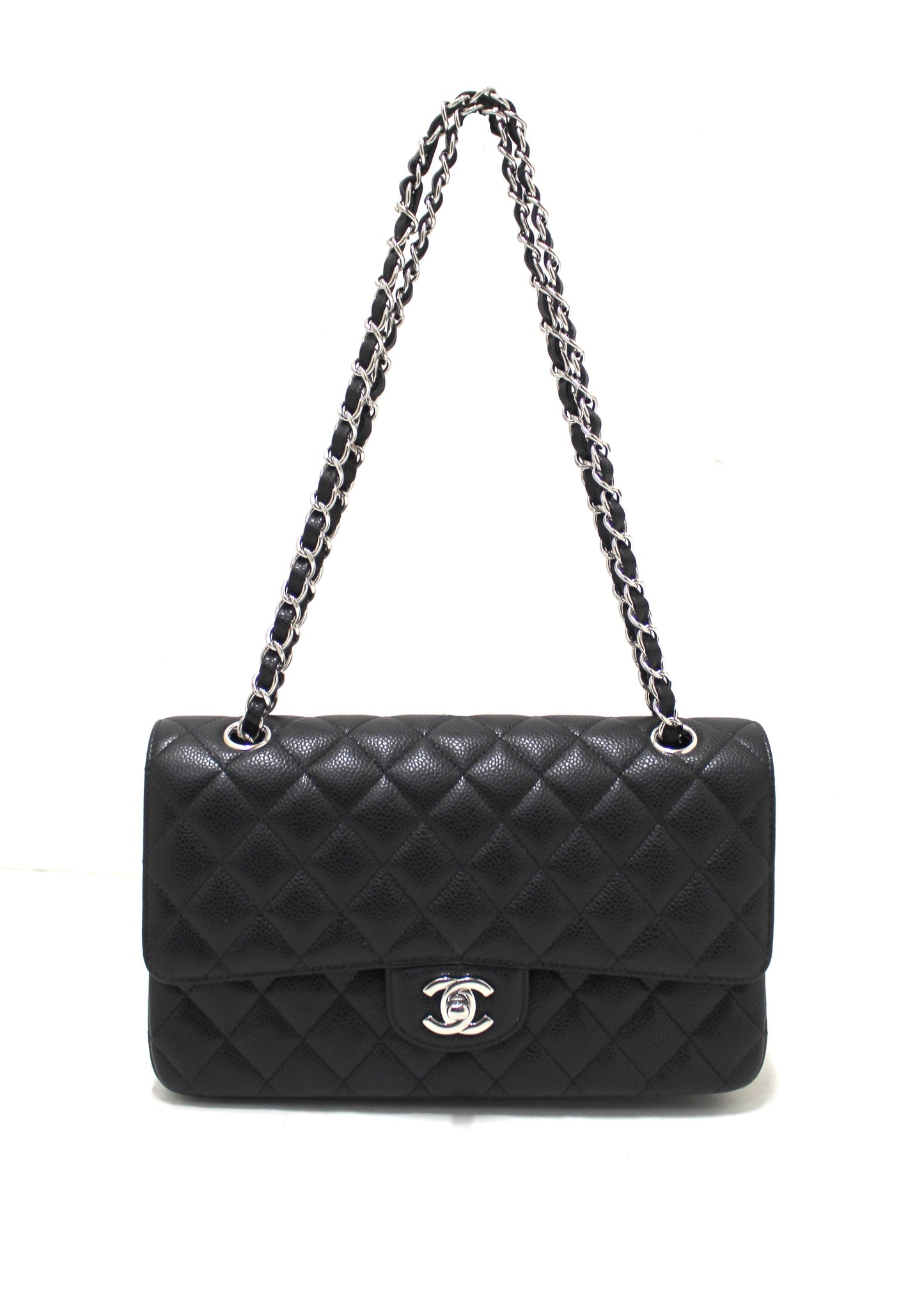 Chanel Classic Black Quilted Caviar Leather Classic Medium Double Flap Bag