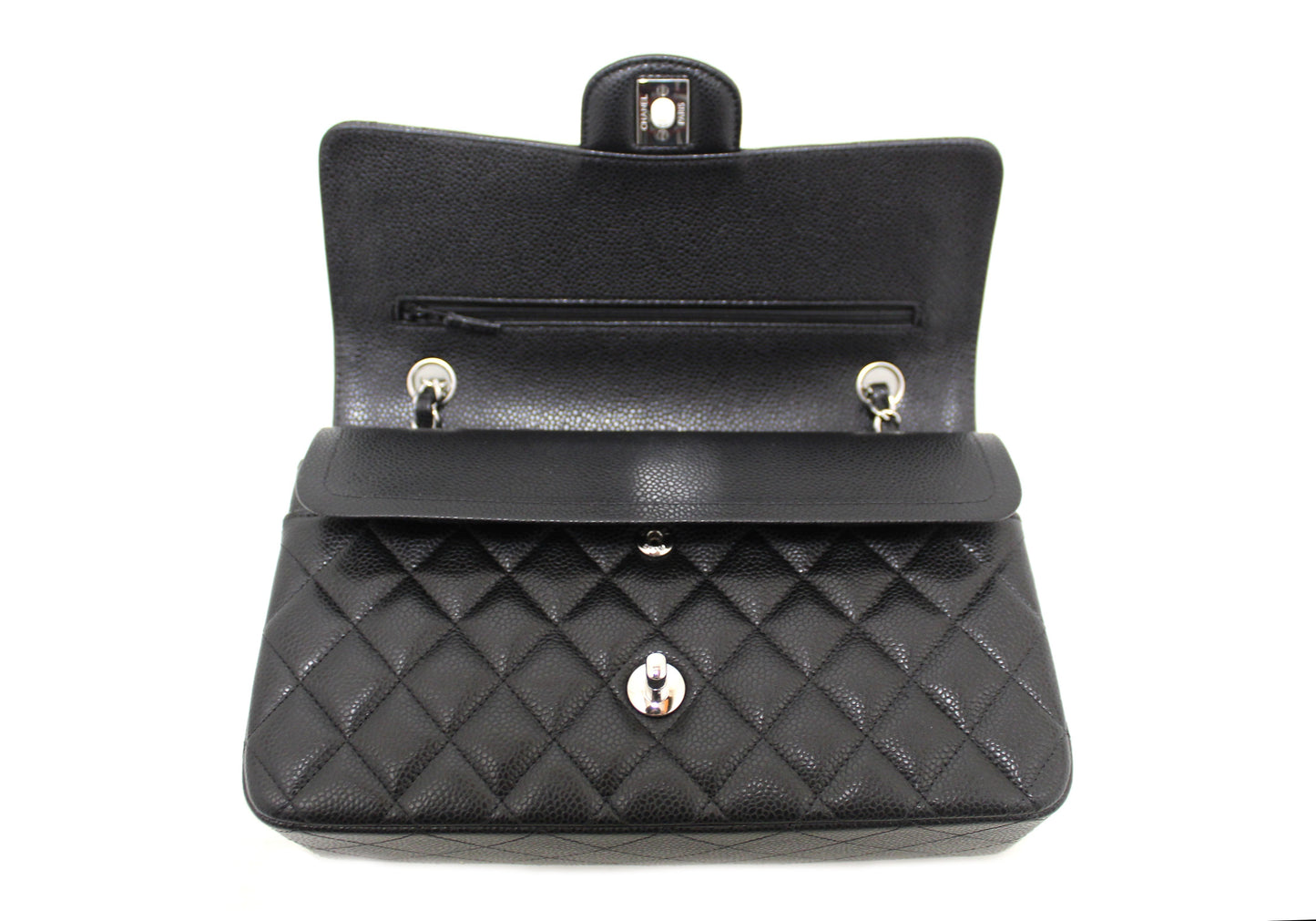 Chanel Classic Black Quilted Caviar Leather Classic Medium Double Flap Bag