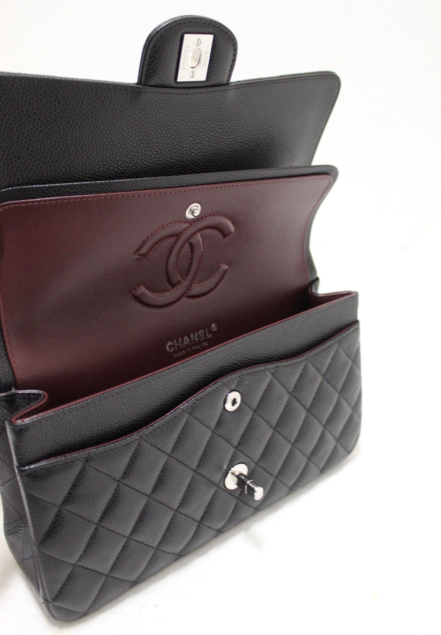 Chanel Classic Black Quilted Caviar Leather Classic Medium Double Flap Bag