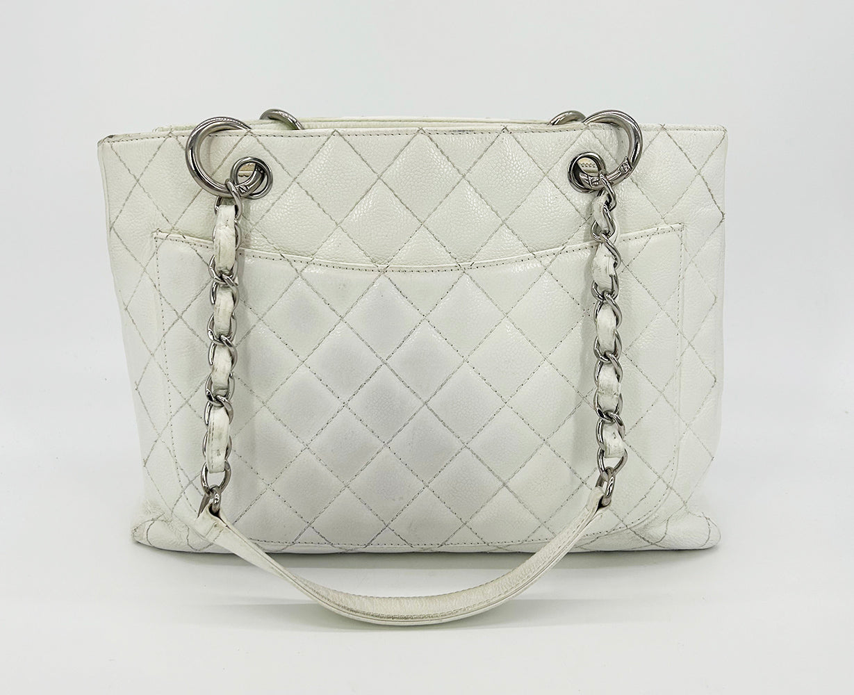 Chanel Quilted White Caviar Grand Shopper Tote