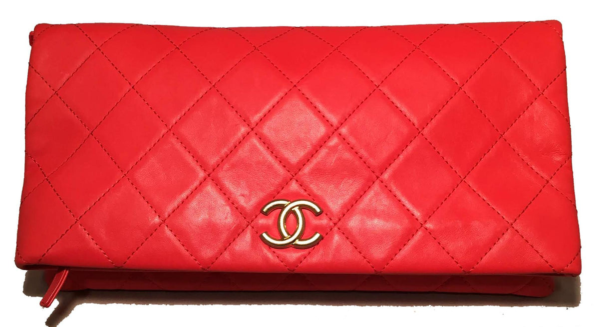 CHANEL Red Quilted Leather CC Fold Over Clutch