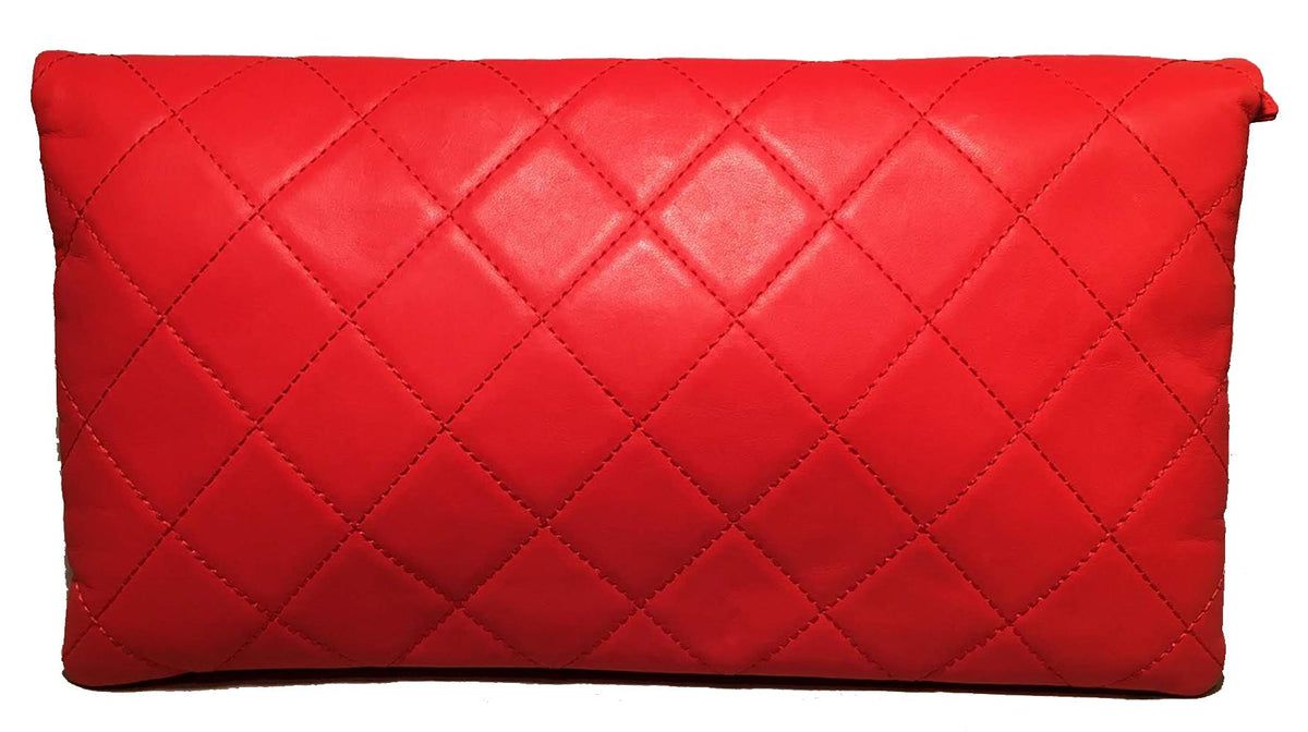 CHANEL Red Quilted Leather CC Fold Over Clutch